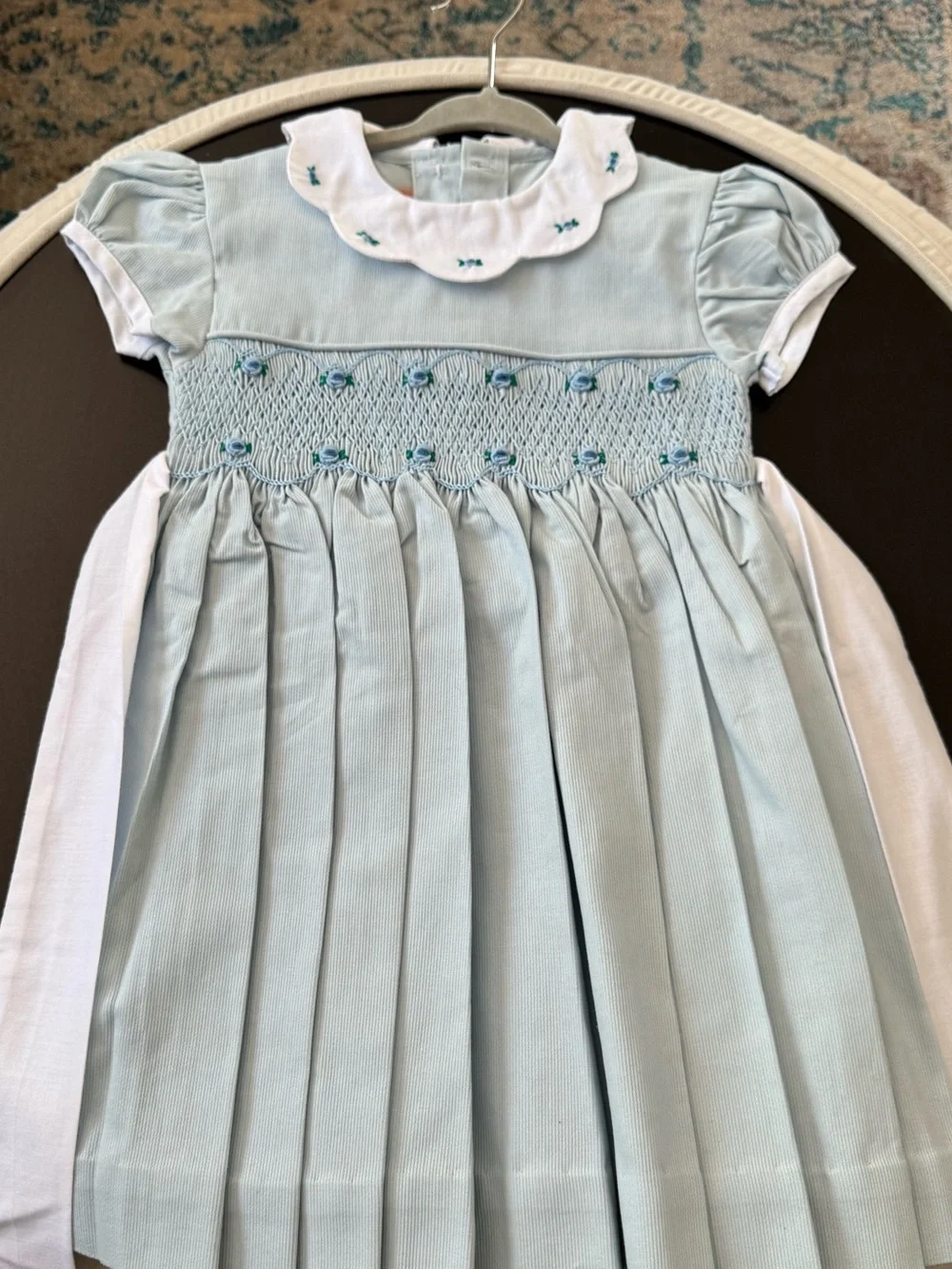 Smocked Pale Blue & White Girls' Pleated Dress